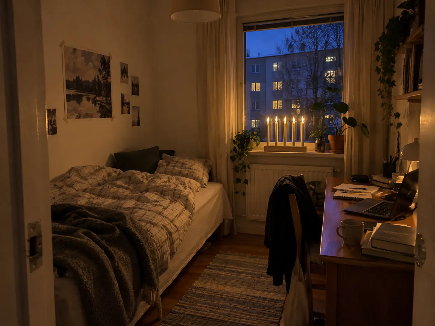 Ett studentrum på kvällen med tända ljus i fönstret