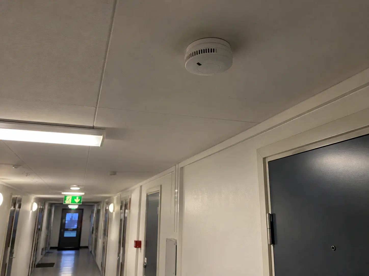 Brandvarnare i taket i en studentkorridor